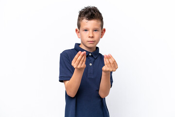 Little caucasian boy isolated on white background making money gesture but is ruined