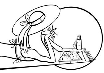 line sketch cartoon fashion style one girl in a huge hat in a pose lying in a swimsuit on the beach sunbathing by the sea with a magazine character close-up