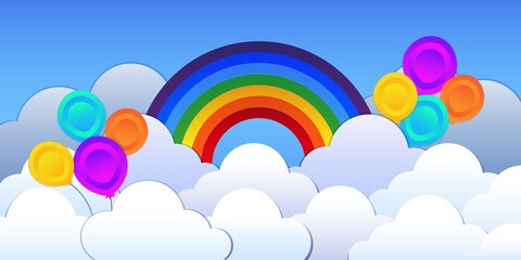 Beautiful fluffy clouds on blue sky background with ballon, hot air balloons and rainbow. Vector illustration. Paper cut style.