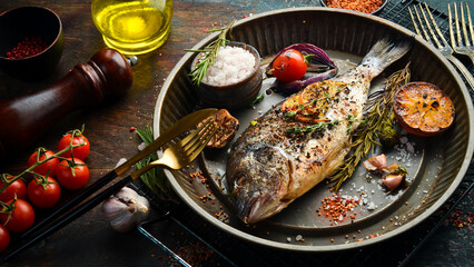 Baked dorado fish with asparagus and vegetables in a metal tray. Free copy space. On a black stone...