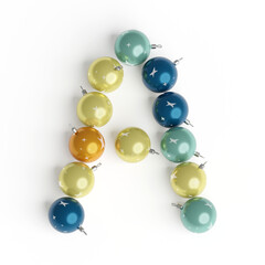 Capital letter A from christmas balls. Christmas or New Year font made from christmas toys. 3d render. White background. Winter font. Lettering design element. Bright festive font