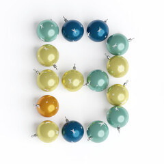 Capital letter B from christmas balls. Christmas or New Year font made from christmas toys. 3d render. White background. Winter font. Lettering design element. Bright festive font