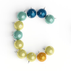 Capital letter C from christmas balls. Christmas or New Year font made from christmas toys. 3d render. White background. Winter font. Lettering design element. Bright festive font