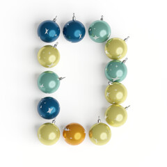 Capital letter D from christmas balls. Christmas or New Year font made from christmas toys. 3d render. White background. Winter font. Lettering design element. Bright festive font