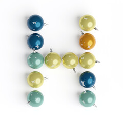 Capital letter H from christmas balls. Christmas or New Year font made from christmas toys. 3d render. White background. Winter font. Lettering design element. Bright festive font