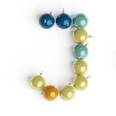 Capital letter J from christmas balls. Christmas or New Year font made from christmas toys. 3d render. White background. Winter font. Lettering design element. Bright festive font