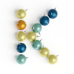 Capital letter K from christmas balls. Christmas or New Year font made from christmas toys. 3d render. White background. Winter font. Lettering design element. Bright festive font