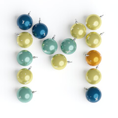 Capital letter M from christmas balls. Christmas or New Year font made from christmas toys. 3d render. White background. Winter font. Lettering design element. Bright festive font