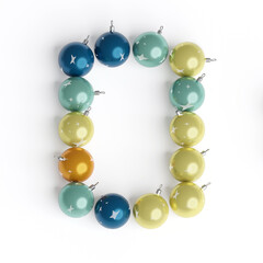 Capital letter O from christmas balls. Christmas or New Year font made from christmas toys. 3d render. White background. Winter font. Lettering design element. Bright festive font