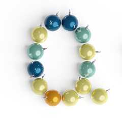 Capital letter Q from christmas balls. Christmas or New Year font made from christmas toys. 3d render. White background. Winter font. Lettering design element. Bright festive font