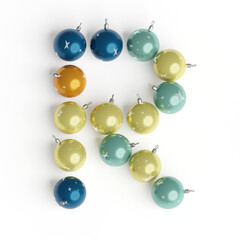 Capital letter R from christmas balls. Christmas or New Year font made from christmas toys. 3d render. White background. Winter font. Lettering design element. Bright festive font