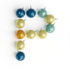 Capital letter P from christmas balls. Christmas or New Year font made from christmas toys. 3d render. White background. Winter font. Lettering design element. Bright festive font