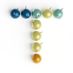 Capital letter T from christmas balls. Christmas or New Year font made from christmas toys. 3d render. White background. Winter font. Lettering design element. Bright festive font