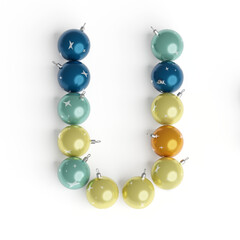 Capital letter U from christmas balls. Christmas or New Year font made from christmas toys. 3d render. White background. Winter font. Lettering design element. Bright festive font