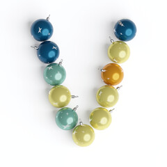 Capital letter V from christmas balls. Christmas or New Year font made from christmas toys. 3d render. White background. Winter font. Lettering design element. Bright festive font