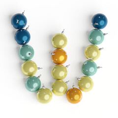 Capital letter W from christmas balls. Christmas or New Year font made from christmas toys. 3d render. White background. Winter font. Lettering design element. Bright festive font