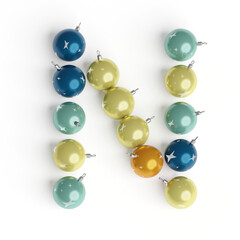 Capital letter N from christmas balls. Christmas or New Year font made from christmas toys. 3d render. White background. Winter font. Lettering design element. Bright festive font