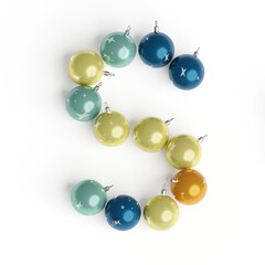 Capital letter S from christmas balls. Christmas or New Year font made from christmas toys. 3d render. White background. Winter font. Lettering design element. Bright festive font