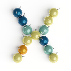 Capital letter X from christmas balls. Christmas or New Year font made from christmas toys. 3d render. White background. Winter font. Lettering design element. Bright festive font