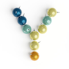 Capital letter Y from christmas balls. Christmas or New Year font made from christmas toys. 3d render. White background. Winter font. Lettering design element. Bright festive font