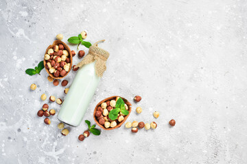 Hazelnut milk in a bottle. Vegan healthy milk. Dietary food. Dairy-free milk substitute. Top view.