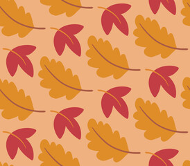 Fototapeta na wymiar Autumn leaves hand drawn seamless pattern in simple flat style. Cute foliage vector illustration texture for fall design, Thanksgiving, Halloween.