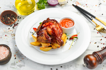 Baked chicken thigh in honey sauce with potatoes. Restaurant dish. Menu. Top view.