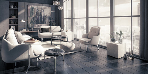 Furnishing Inside a Modern Style Panorama Apartment - panoramic black & white3D Visualization