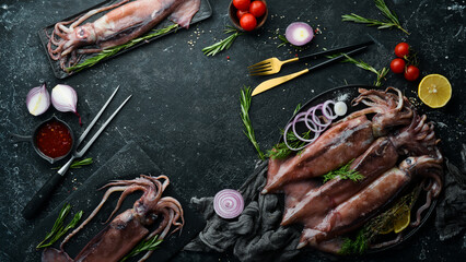 Fresh squid with spices on a dark stone background. On a dark background.