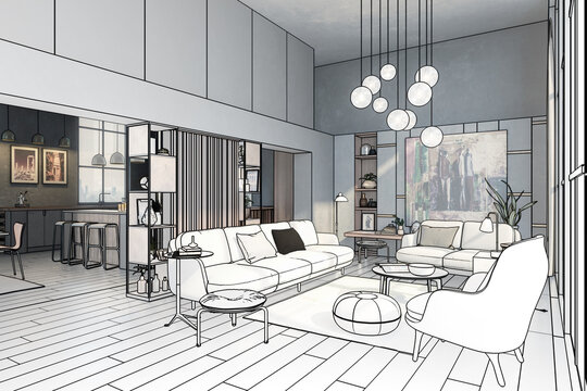 Furnishing Inside a Modern Style Penthouse Loft (concept) - 3D Visualization