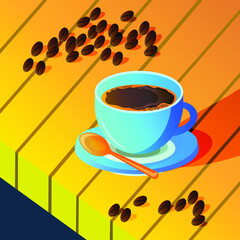 A cup of coffee. Coffee beans