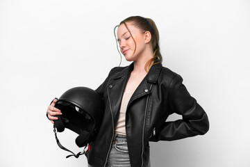 Young caucasian girl with a motorcycle helmet isolated on white background suffering from backache for having made an effort