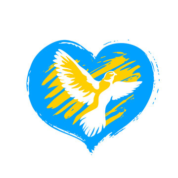 Peace for Ukraine. A heart in the colors of the Ukrainian flag and a dove. Brush and paint texture