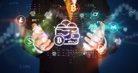 Businessman holding currency symbols concept