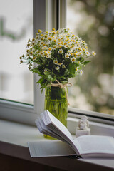 a bouquet of white daisies in a green glass vase and an open book on a white windowsill on a green background
