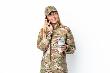 Military woman isolated on white background holding coffee to take away and a mobile