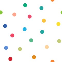 Seamless pattern of colored polka dots on a white background. 