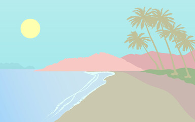 Fototapeta na wymiar Vector illustration of sea, sand beach and mountains, pastel tones.