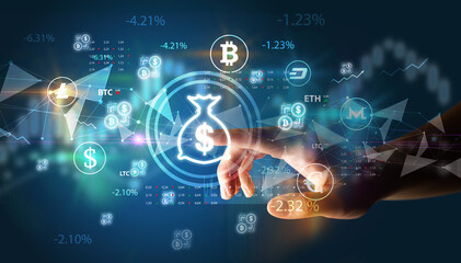 Business person hand pushing currency symbol on multimedia touch screen