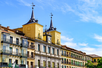 Town Hall of the medieval city of Segovia with its towers and clock in the main square, Spain.