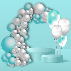 two blue stages with a balloon arch