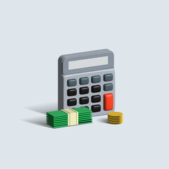 calculator with banknotes and coins. accounting 3d icon. calculator 3d illustration