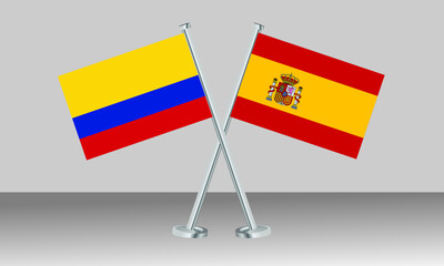 Crossed flags of Colombia and Spain. Official colors. Correct proportion. Banner design
