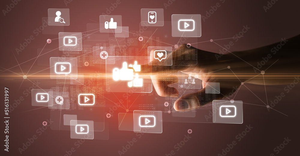 Poster Hand pressing social media multimedia application screen with media icons on futuristic concept