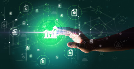 Businessman hand pressing stock graphic information on multitouch screen