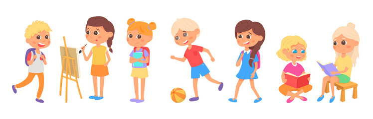 Set of school kids keening on hobbies. Pupils with book, seasel, ball. Vector illustration. Set of preschooler children teenagers characters in different poses, clothes, wear, apparel. Modern children