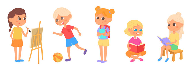 Cute, happy little boy and girls with backpacks going at school. Cartoon kids charachtes. Back to school. Vector illustration. Isolated on white background.