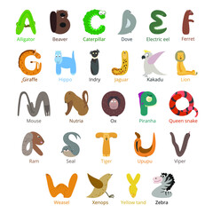 Fun animal alfabet for kids. Vector illustrations on white background
