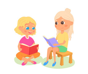 Two young girls reading a books together. Big eyes chatacters. Cartoon child. Hand drawn Isolated Vector illustration.
