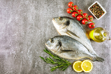 Fresh fish dorado and ingredients for cooking. Raw fish dorada with spices and herbs on gray concrete table. Seafood, restaurant, diet, healthy food background. Top view, flat lay with copy space